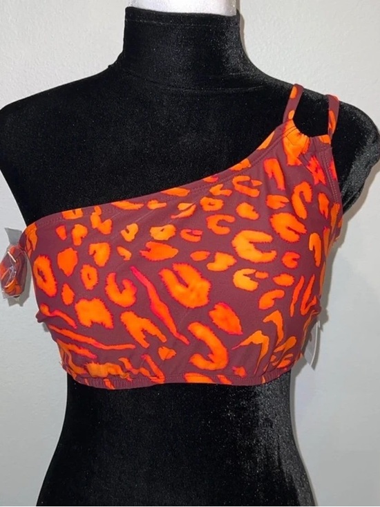Shade & Shore Tops - One-Shoulder Neon Orange Leopard Crop Top - Women
